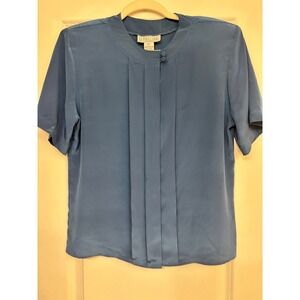 Alyssa Carr Vintage Steel Blue Pleated Hidden Button Blouse Short Sleeve Size 8
